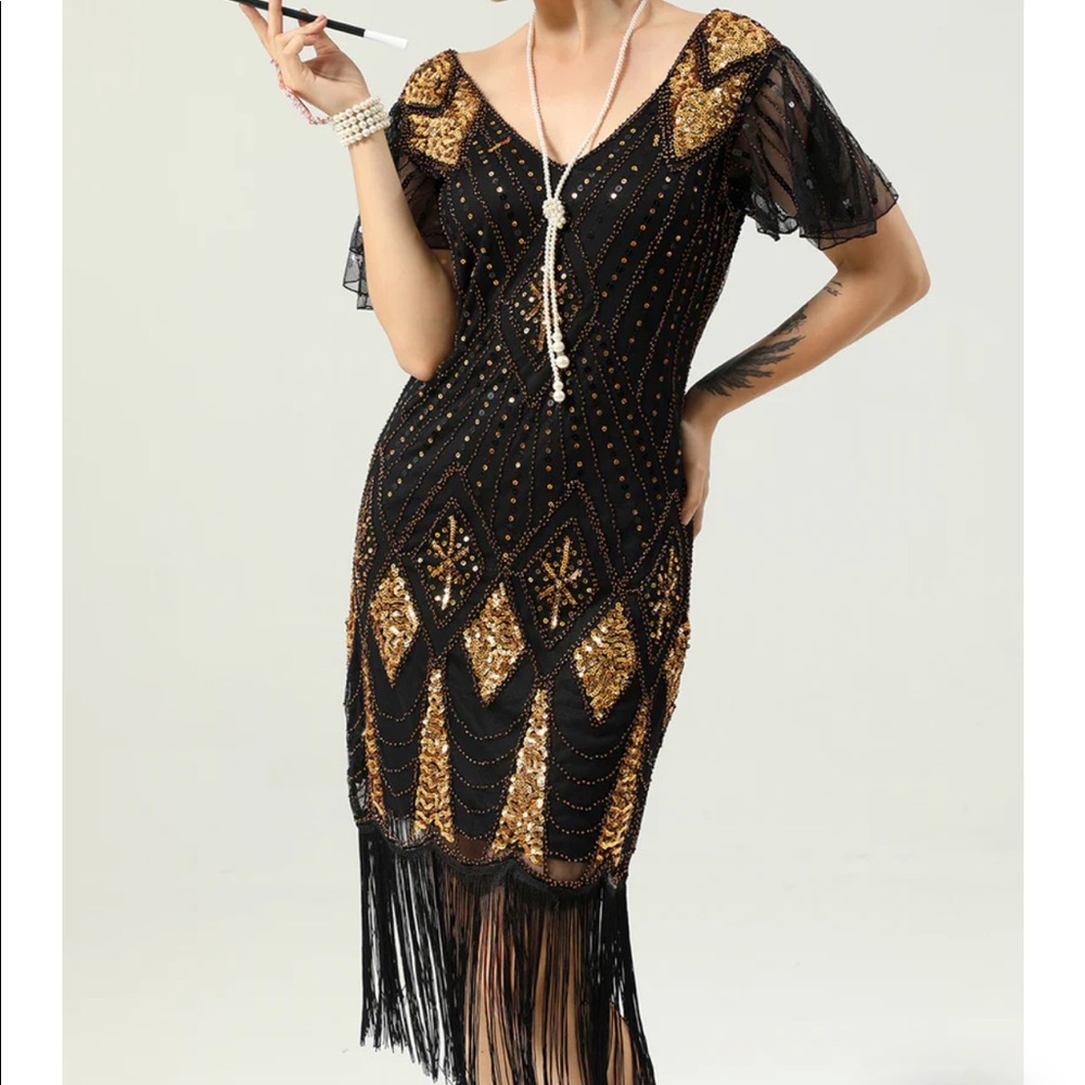 Gold and Black fringe 1920s dress